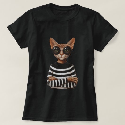 丸眼鏡をかけたおしゃれな猫 Tシャツ (デザイン正面)