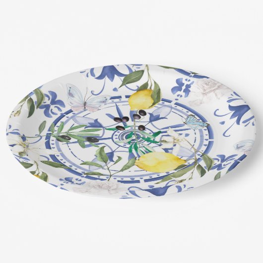 丸華美スペインの瓦地中海のレモン ペーパープレート (アングル)