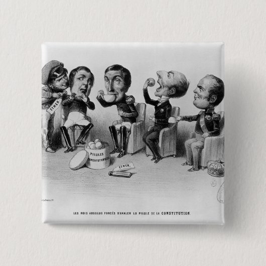 丸薬を飲み込むForced絶対王 缶バッジ (正面)