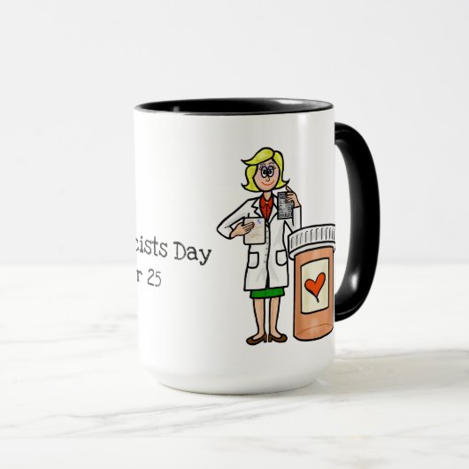 丸薬ボトルマグの女性薬剤師 マグカップ (正面右)