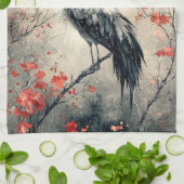 丹紅の鶴の花の墨絵(2) キッチンタオル (折り畳み)