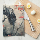 丹紅の鶴の花の墨絵(2) キッチンタオル (四つ折り)