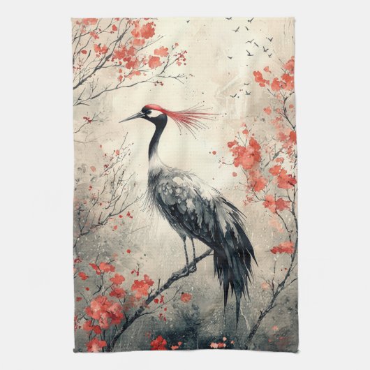 丹紅の鶴の花の墨絵(2) キッチンタオル (縦)