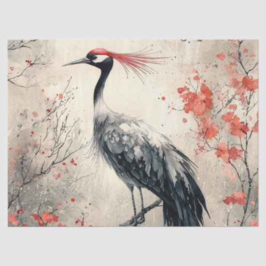 丹頂鶴の花の墨絵 (1) 薄葉紙 (正面)