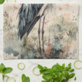 丹頂鶴の花の水墨画 (1) キッチンタオル (折り畳み)