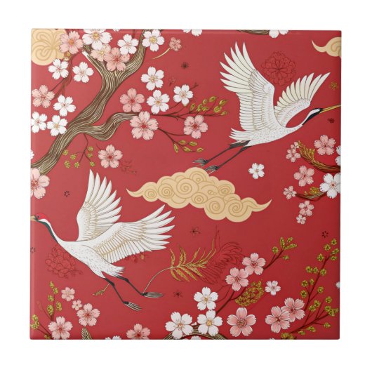 丹頂鶴 桜柄 (2) タイル (正面)
