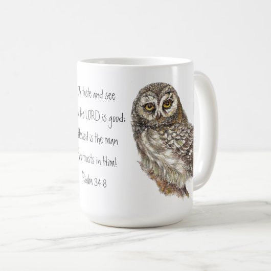 主が良い水の色のフクロウの詩篇34:8 コーヒーマグカップ (正面右)