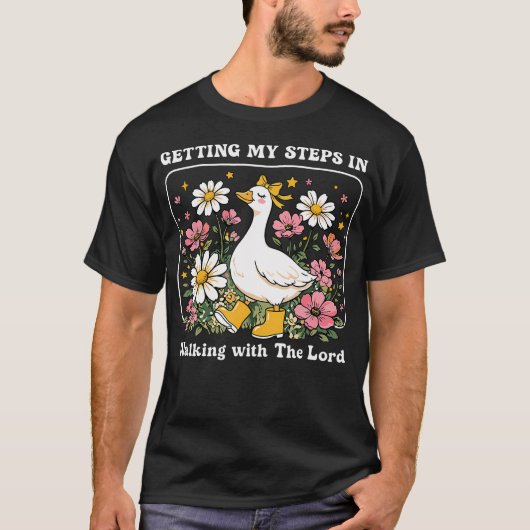 主と共に歩く私の歩数を稼ぐ 面白い Tシャツ (正面)