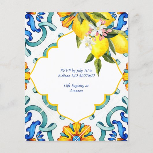 主なスクイズレモン赤ちゃんシャワー予算の招待状 (裏面)