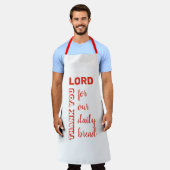主に感謝 |私たちの毎日のパン |クリスチャン・レッド エプロン (着用した状態)