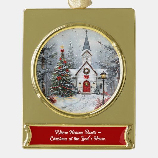 主の家に天国が宿るクリスマス ゴールドプレートバナーオーナメント (正面)