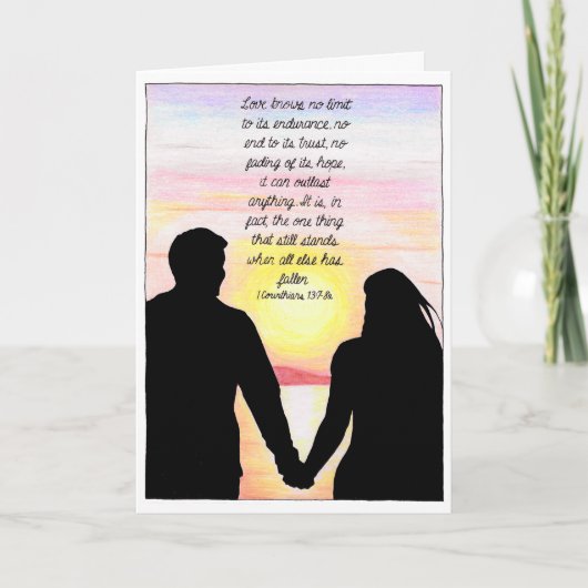 『主の愛に包まれて』シルエットの夫婦が浜辺を歩くカード カード (正面)
