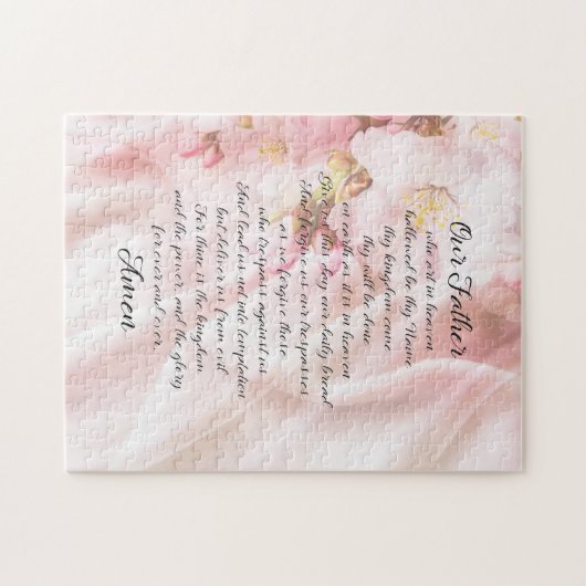 主の祈りの言葉文字ソフトピンク花模様 ジグソーパズル (横)