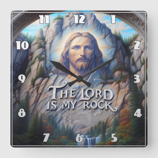 主は私の岩である:聖なる彫刻のイエス スクエア壁時計 (正面)