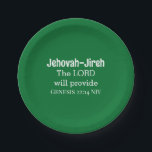 主は聖書の節を暗緑色で与える ペーパープレート<br><div class="desc">この美しい紙のプレートは、主が創世記の聖書の聖句とともに提供することを意味する神の名前の一つ、エホバ – ジレを特徴としている。</div>