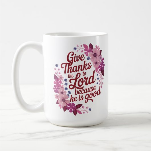 主への感謝を 紫の花 キリスト教 コーヒーマグカップ (左)