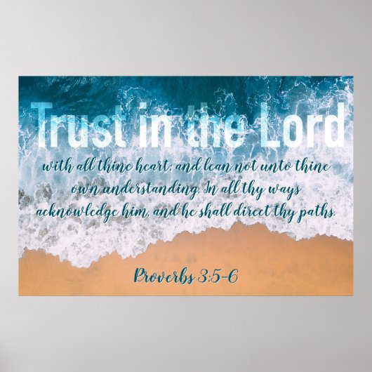 主を信頼せよ 箴言 3:5-6、青い海の波 ポスター (正面)