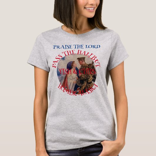 主を賛美するハリバイの魚とチップ Tシャツ (正面)