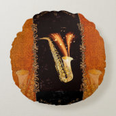 主ノートおよび花の要素が付いているサクソフォーン ラウンドクッション (正面)