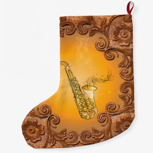 主ノートが付いているサクソフォーン ラージクリスマスストッキング (裏面)