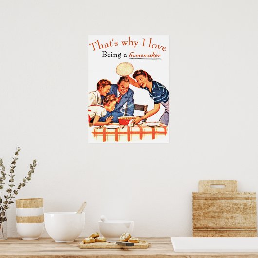 主婦が家族のヴィンテージに食事を見せおもしろいる ポスター (キッチン)