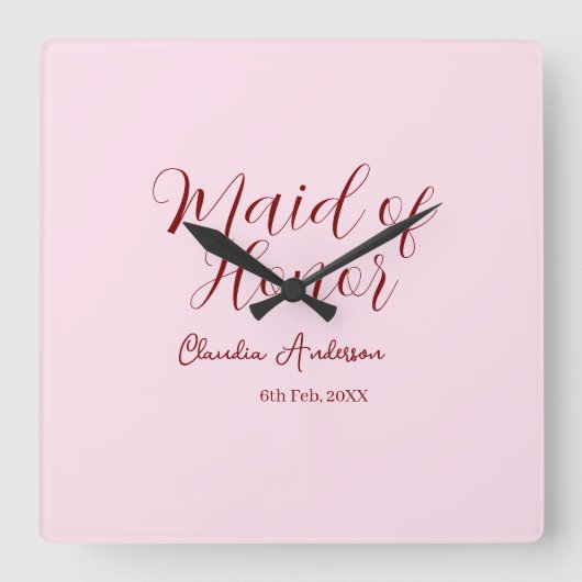 主役の女性 紫 名前 日付 ピンク パステル ウェディングドレス スクエア壁時計 (正面)