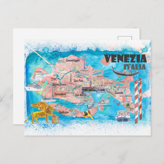主要運河を持図解入りの、写真付きのつヴェネツィアの地図 ポストカード (正面/裏面)