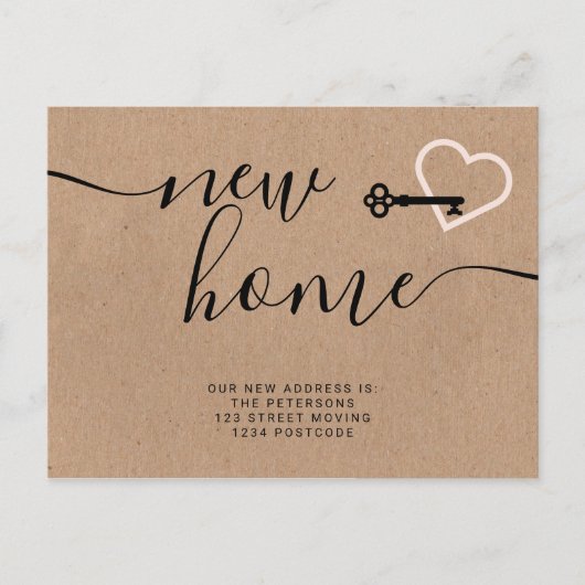 主赤面のピンクのクラフトの新しい家のハート移動 案内ポストカード (正面)