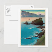 久手の浜若狭の九手ビーチ、川瀬蓮井、ウッドカット ポストカード (正面/裏面)