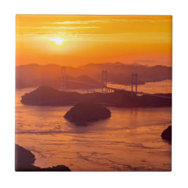 久留島海峡大橋と久留志のぼんやりした夕日 タイル