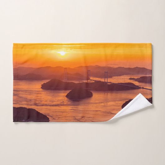 久留島海峡大橋と久留志のぼんやりした夕日 バスタオルセット (ハンドタオル)