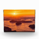 久留島海峡大橋と久留志のぼんやりした夕日 フォトブロック (正面)