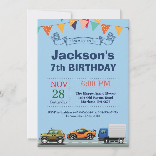 乗り物 車 トラック 誕生日 招待状 (正面)
