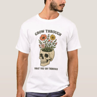 「乗り越えた先に花が咲く」ドクロ+フラワープリントTシャツ Tシャツ