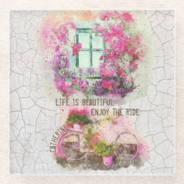 乗楽しむり物 |花付き水彩自転車 ガラスコースター