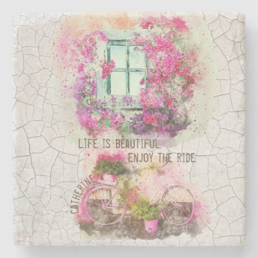 乗楽しむり物 |花付き水彩自転車 ストーンコースター (正面)