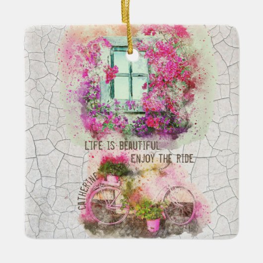 乗楽しむり物 |花付き水彩自転車 セラミックオーナメント (正面)