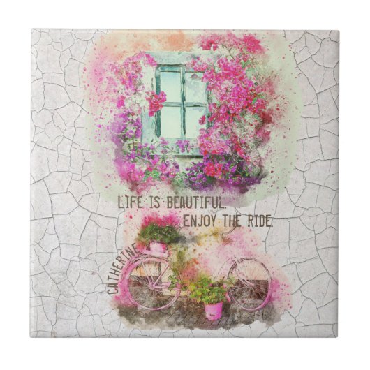 乗楽しむり物 |花付き水彩自転車 タイル (正面)
