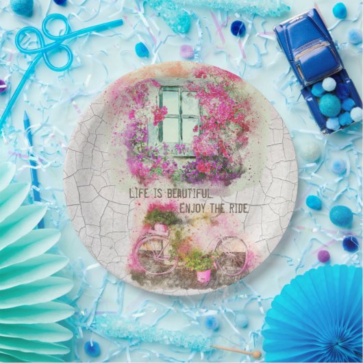 乗楽しむり物 |花付き水彩自転車 ペーパープレート (パーティー)