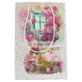 乗楽しむり物 |花付き水彩自転車 ミディアムペーパーバッグ