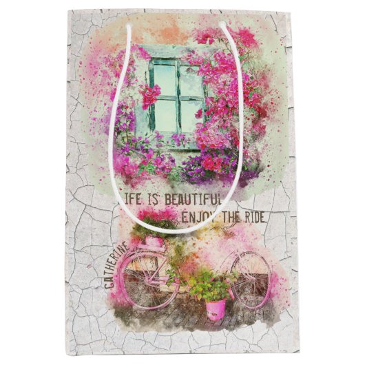 乗楽しむり物 |花付き水彩自転車 ミディアムペーパーバッグ (正面)