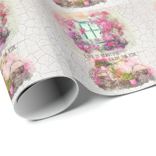 乗楽しむり物 |花付き水彩自転車 ラッピングペーパー (ロールコーナー)