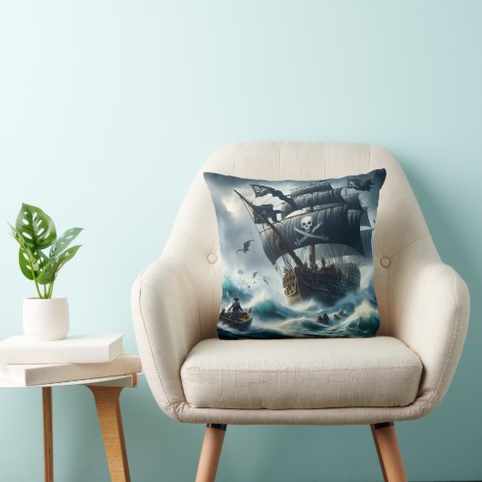 乗組員と共に嵐の海を航行する海賊船 クッション (椅子)
