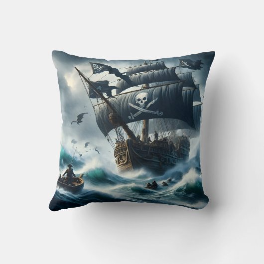 乗組員と共に嵐の海を航行する海賊船 クッション (裏面)