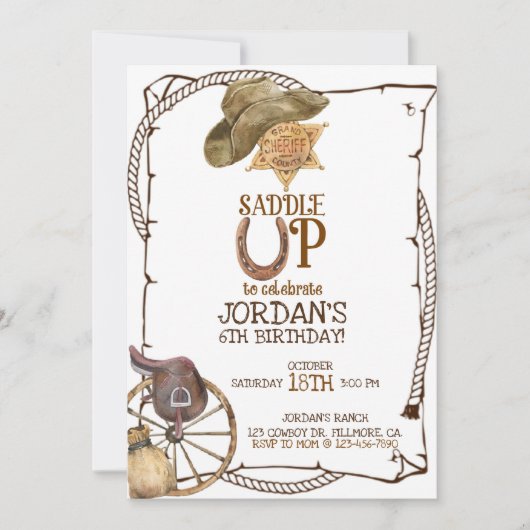乗馬しようぜ、カーボーイ・パーティー、少年誕生日、西部劇 案内状 (正面)