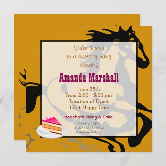 乗馬とケーキの誕生日パーティー 招待状 (正面/裏面)