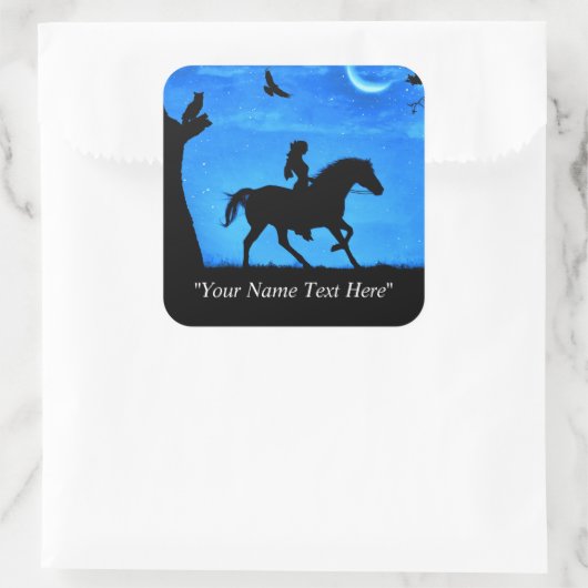 乗馬とフクロウのウマのステッカーお洒落 スクエアシール (バッグ)