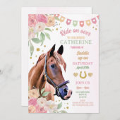 乗馬パーティーピンクポニーフラワーガールズ誕生日 招待状 (正面/裏面)
