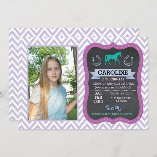 乗馬フォトポニーパープル招待状招待状 招待状 (正面/裏面)