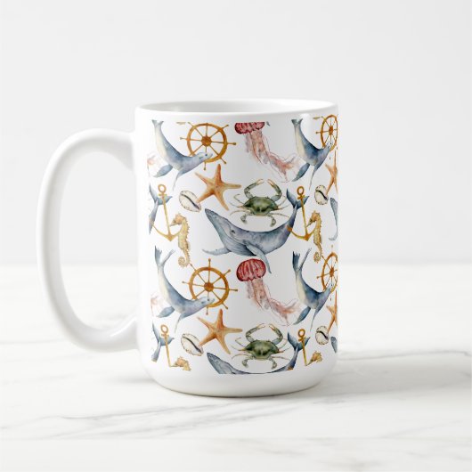 乗馬、船車、クジラ、カニ、ヒトデ コーヒーマグカップ (左)